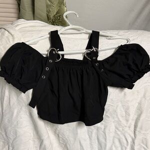 Black Off-Shoulder Puff Sleeve Crop Top with Ring Strap Detail